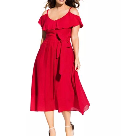 NWT City Chic Romantic Tie-Belt Cold-Shoulder Dress Red Love Size 24 Midi - Picture 6 of 6